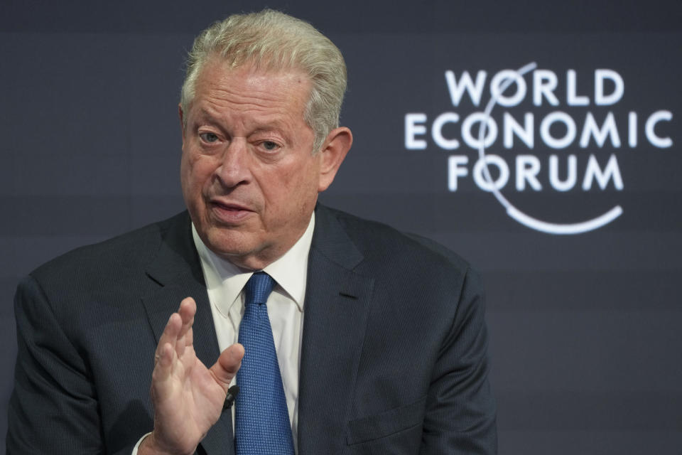 Former U.S. vice president Al Gore speaks during a conversation at the World Economic Forum in Davos, Switzerland, Wednesday, May 25, 2022. The annual meeting of the World Economic Forum is taking place in Davos from May 22 until May 26, 2022. (AP Photo/Markus Schreiber)