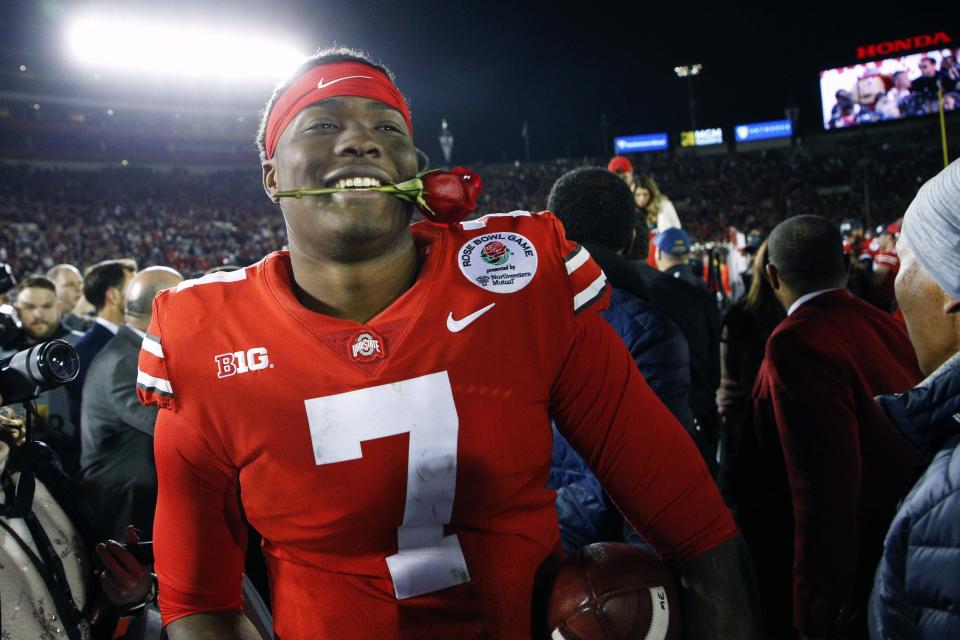 Ohio State Buckeyes quarterback Dwayne Haskins Jr. (7) celebrates following the Buckeyes' 28-23 victory against the Washington Huskies in the 105th Rose Bowl Game on Tuesday, January 1, 2019 at the Rose Bowl in Pasadena, California. [Joshua A. Bickel/Dispatch]