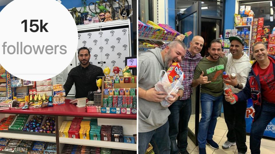 Owner of Instagram-famous Redfern Convenience Store stands behind his counter. The second image shows five excited men in Redfern Convenience Store. Images: Yahoo Finance, Instagram (redfern_convenience_store).