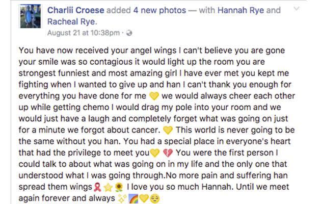 Friend and fellow cancer fighter Charlii posted a tribute to Facebook. Photo: Facebook