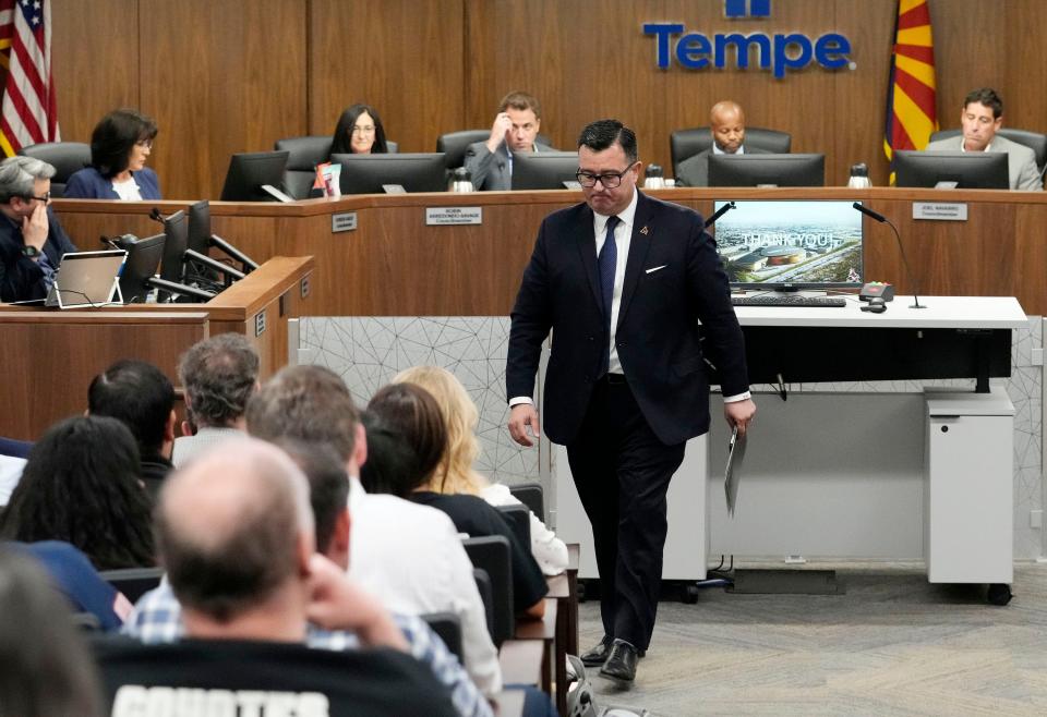 Xavier Gutierrez, president and CEO of the Arizona Coyotes, finishes his presentation on June 3, 2022, before the Tempe council making his case to start negotiations with Tempe to build an entertainment district that would include, a new arena for the Coyotes, restaurants, and residential units just east of Sky Harbor International Airport.