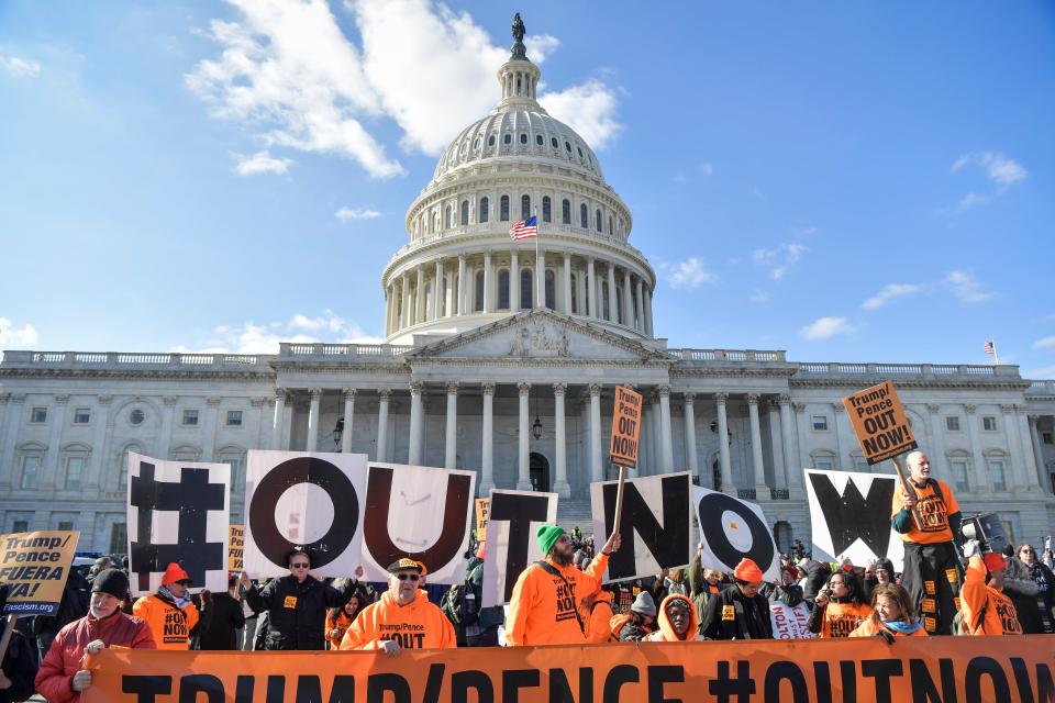 Hundreds of protesters converged on Capitol Hill speaking out that the Senate should see all documentary evidence and hear from all potential witnesses in the Senate removal trial of Donald J. Trump on Tuesday Jan. 28, 2020.