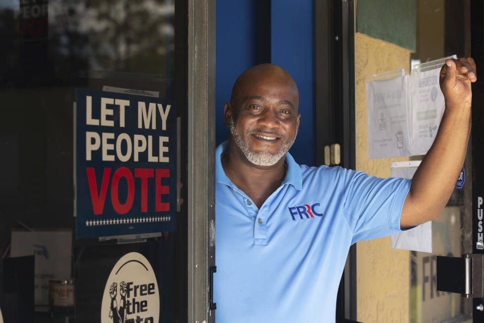 In this photo provided by the John D. and Catherine T. MacArthur Foundation, Desmond Meade poses for a portrait Monday, Sept. 13, 2021 at the Florida Rights Restoration Coalition's headquarters in Orlando, Fla. The activist whose mission is to make sure people who walk out of prison are free to walk into the voting booth is among this year's MacArthur fellows and recipients of "genius grants." (John D. and Catherine T. MacArthur Foundation via AP)