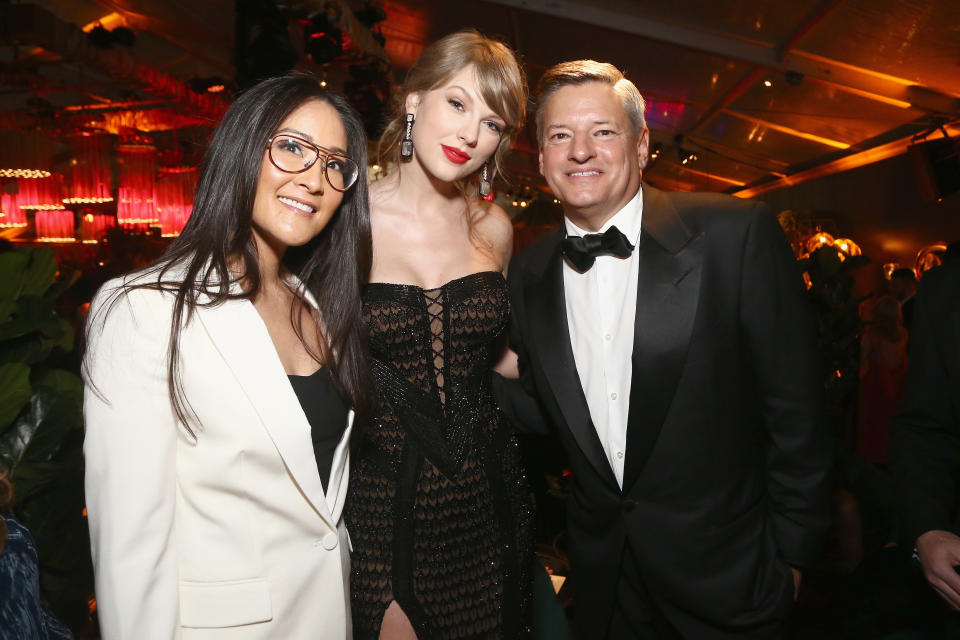 (L-R) Lisa Nishimura, Taylor Swift and Netflix co-CEO Ted Sarandos attend the Netflix 2019 Golden Globes After Party on January 6, 2019 in Los Angeles.