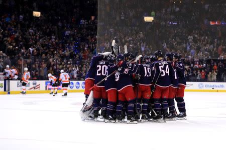 Feb 28, 2019; Columbus, OH, USA; Columbus Blue Jackets defenseman Seth Jones (not pictured) celebrates with teammates after scoring the game winning goal against the Philadelphia Flyers in the overtime period at Nationwide Arena. Mandatory Credit: Aaron Doster-USA TODAY Sports