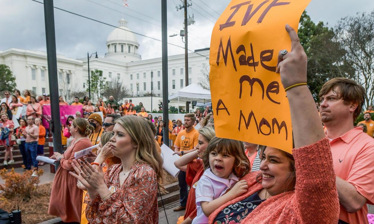 <span>A protest rally for IVF legislation on 28 February 2024 in Montgomery, Alabama. </span><span>Photograph: Mickey Welsh/AP</span>