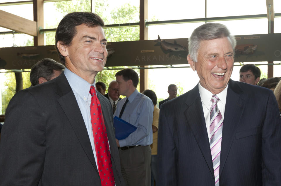 Arkansas Gov. Mike Beebe, right, and Ford Overton attend a news conference at the Witt Stephens Jr. Central Arkansas Nature Center in Little Rock, Ark., before Beebe's appointment of Overton the the Game and Fish Commission Thursday, July12, 2012. (AP Photo/Danny Johnston)