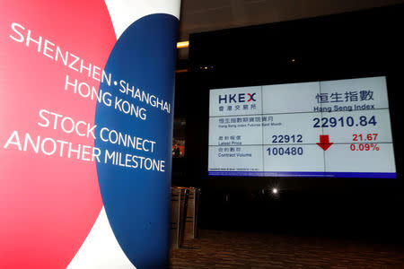 A banner promoting Shenzhen-Hong Kong Stock Connect is displayed at the Hong Kong Exchanges in Hong Kong August 16, 2016. REUTERS/Bobby Yip/File Photo
