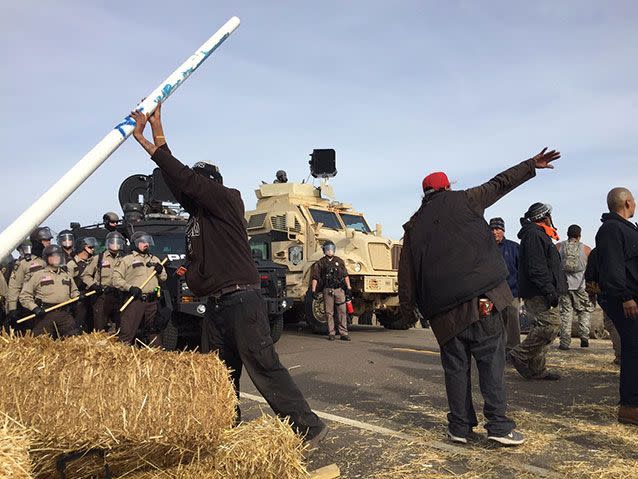 Dakota Access pipeline protesters confront law enforcement. Source: AP