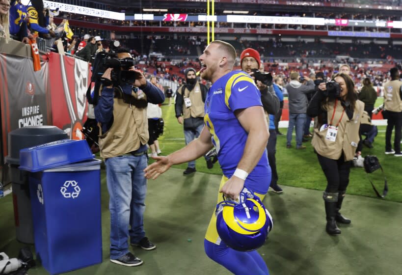 TAMPA BAY, FL- JANUARY 23, 2022: Los Angeles Rams kicker Matt Gay (8) greets fans after kicking the game winning field goal to beat the Buccaneers 30-27 in the NFC Divisional game at Raymond James Stadium on January 23, 2022 in Tampa Bay, Florida.(Gina Ferazzi / Los Angeles Times)