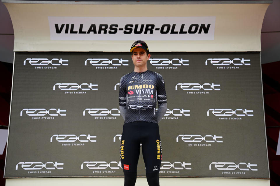 VILLARSSUROLLON SWITZERLAND  JUNE 13 Wout Van Aert of Belgium and Team JumboVisma celebrates at podium as Black points jersey winner during the 86th Tour de Suisse 2023 Stage 3 a 1438km stage from Tafers to VillarssurOllon 1256m  UCIWT  on June 13 2023 in VillarssurOllon Switzerland Photo by Dario BelingheriGetty Images