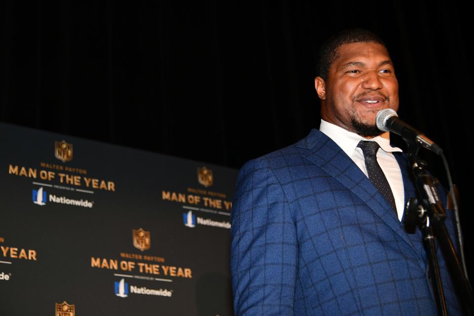 Jacksonville Jaguars' Calais Campbell speaks to the media after receiving the Walter Payton NFL Man of the Year award presented by Nationwide at the NFL Honors awards show in Miami on Feb. 1, 2020.