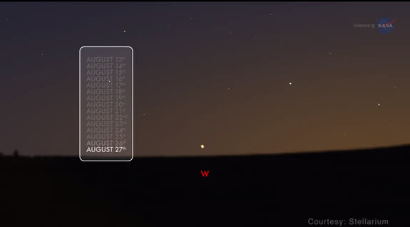 This simulated image shows the separation between Venus and Jupiter on Aug. 27, 2016. The two planets look like one bright spot just above the horizon. For some viewers, the planets will be separated by no mor