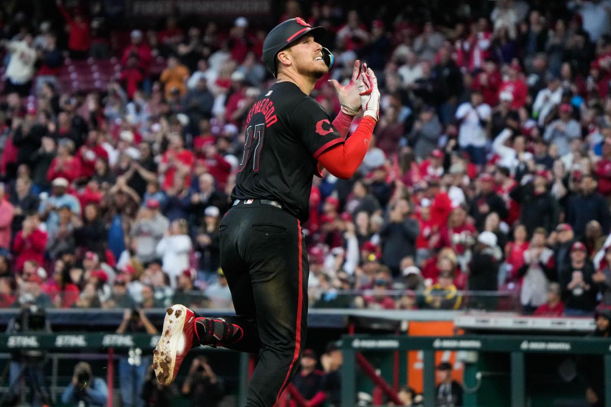 Tyler Stephenson  celebrates after hitting his tiebreaking, solo home run in the bottom of the sixth inning of the Reds' eventual 7-1 victory over the Los Angeles Angels on Friday night at Great American Ball Park.