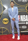 NBA player Trae Young, of the Atlanta Hawks, arrives at the NBA Awards on Monday, June 24, 2019, at the Barker Hangar in Santa Monica, Calif. (Photo by Richard Shotwell/Invision/AP)