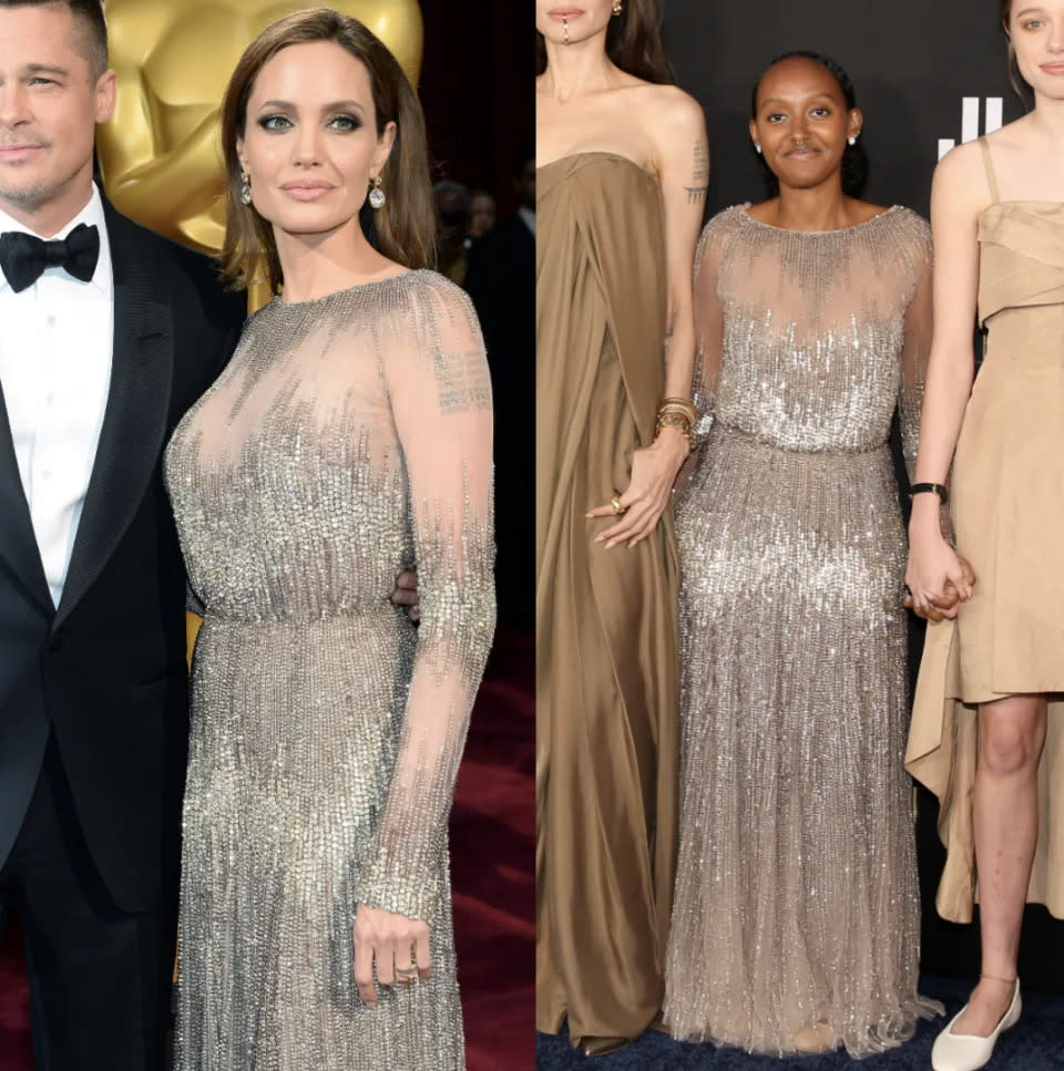 Sixteen-year-old Zahara Jolie-Pitt reused the same gown worn by her mother at the 2014 Oscars. (Photo: Getty Images)