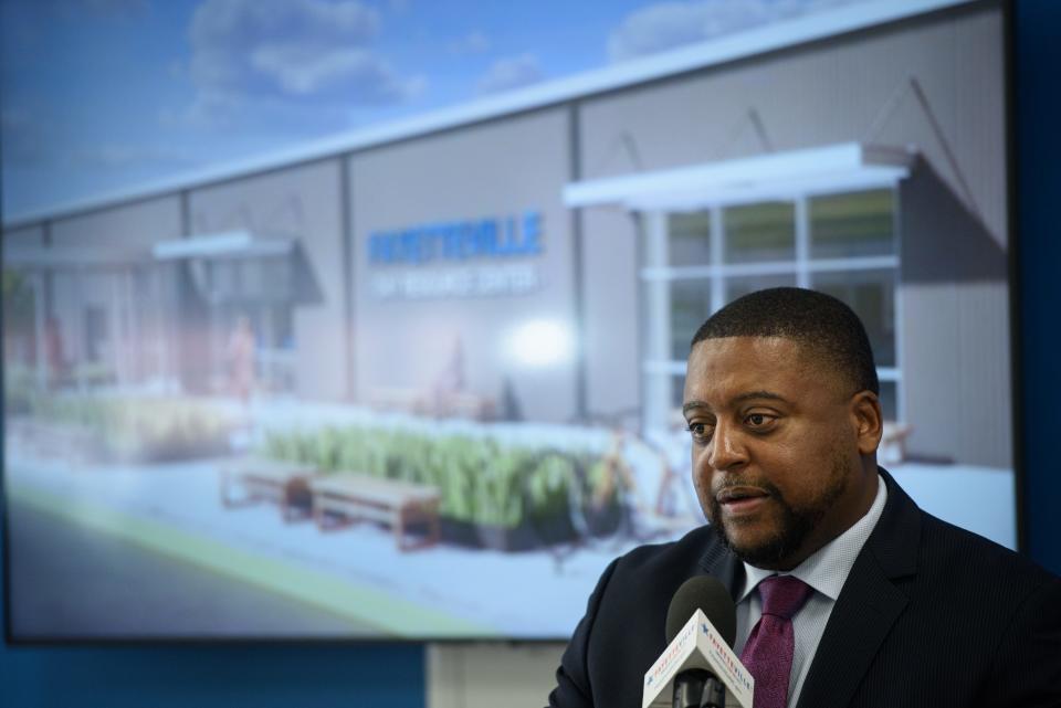 Mayor Mitch Colvin speaks at the Passing of the Keys ceremony for the new Day Resource Center on King Street, Tuesday, Aug. 8, 2023. On Tuesday, January 2, 2023, Fayetteville City Councilwoman Courtney Banks-McLaughlin made a motion to censure Colvin and Councilman Mario Benavente related to a $200,000 settlement the city paid to former Police Chief Gina Hawkins.