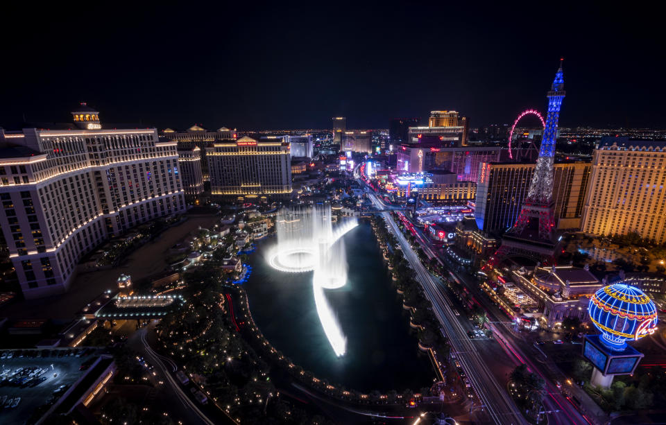 The Las Vegas Strip lights up after sunset in Las Vegas, Nevada, on Aug. 23, 2020.  / Credit: Bill Clark/CQ-Roll Call, Inc via Getty Images  