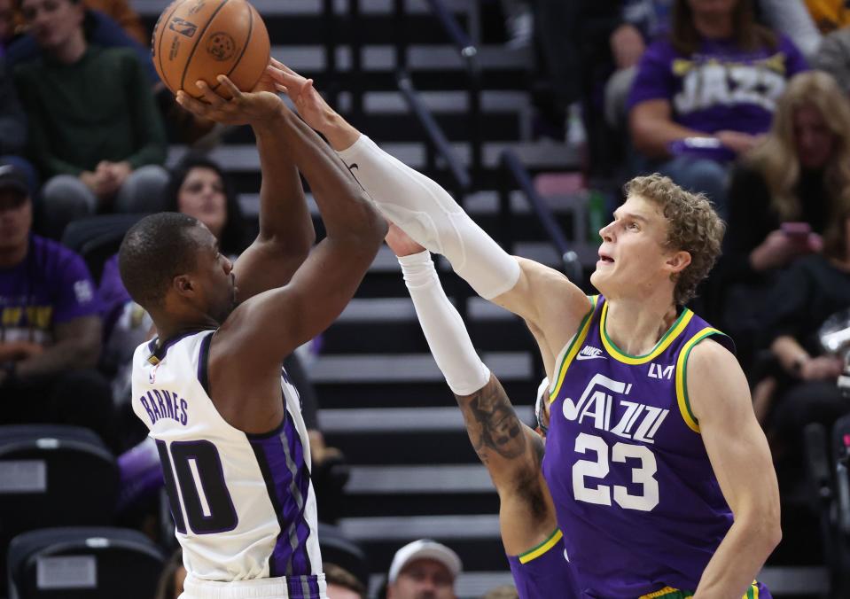 Utah Jazz forward Lauri Markkanen (23) blocks the shot of Sacramento Kings forward Harrison Barnes (40) in Salt Lake City on Wednesday, Oct. 25, 2023. The Kings won 130-114. | Jeffrey D. Allred, Deseret News