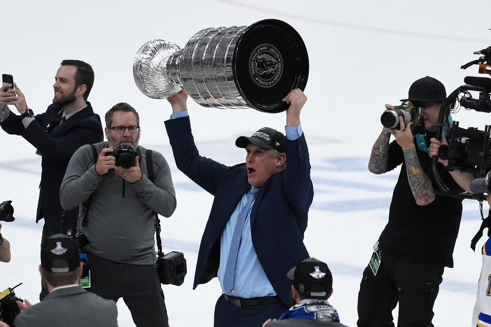 Craig Berube led the St. Louis Blues to the Stanley Cup title in 2019. He was fired on December 12, 2023. (Photo by Joe Puetz/NHLI via Getty Images)
