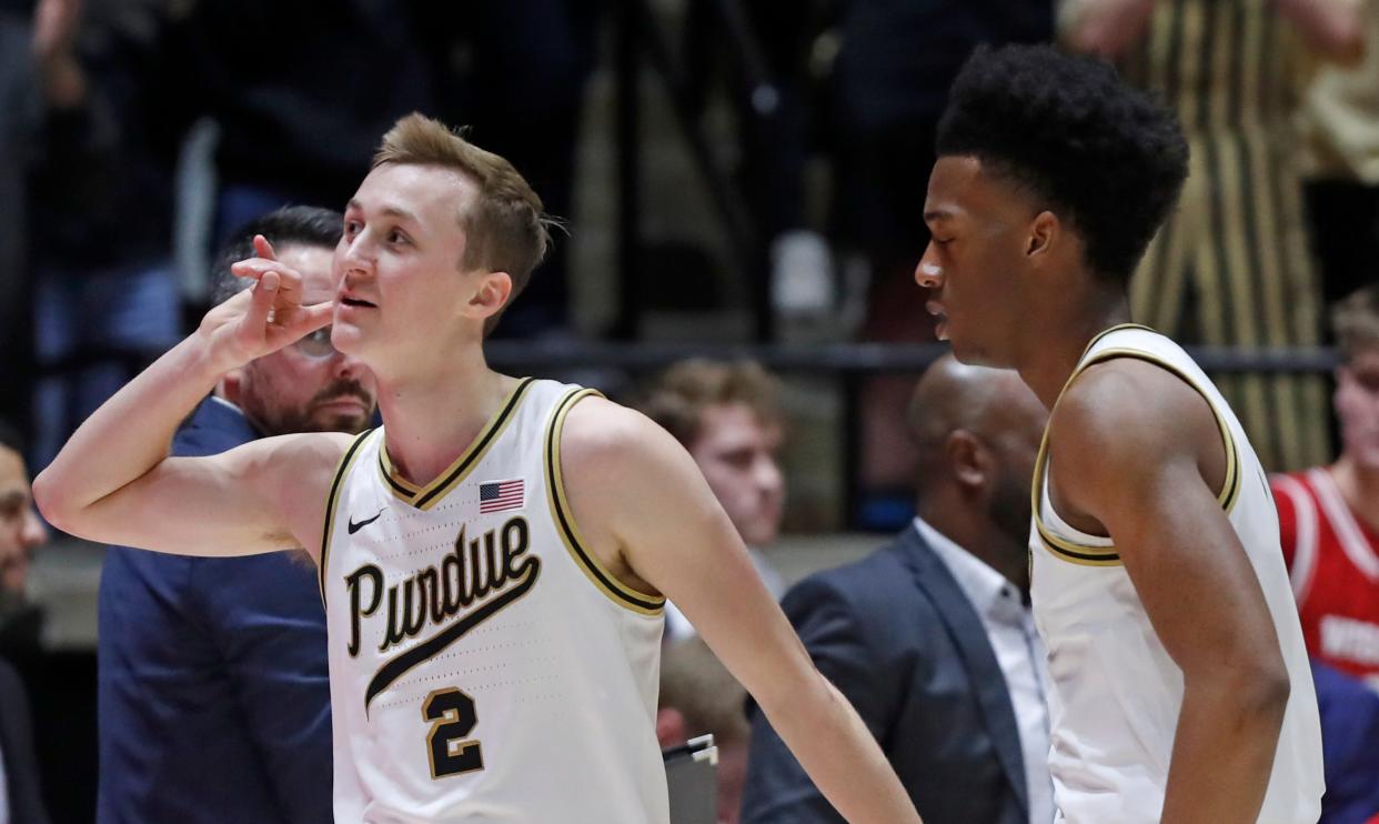 Purdue Boilermakers guard Fletcher Loyer (2) reacts after scoring during the NCAA men’s basketball game against the Wisconsin Badgers, Sunday, March 10, 2024, at Mackey Arena in West Lafayette, Ind.