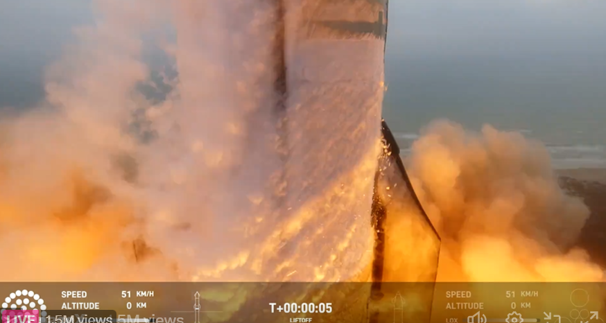 Starship Test Flight 3 lifts off the pad at Boca Chica, TX in this view from the SpaceX live stream.