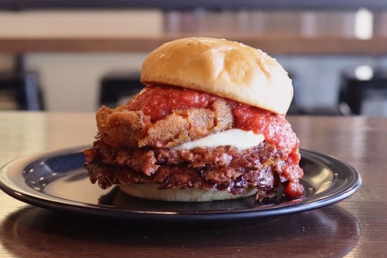 The Mom-aswamys-Spaghetti available on Jan. 12 at Zombie Burger in the East Village features smashed vegetarian meatball patty, a fried spaghetti and marinara croquette, and mozzarella.