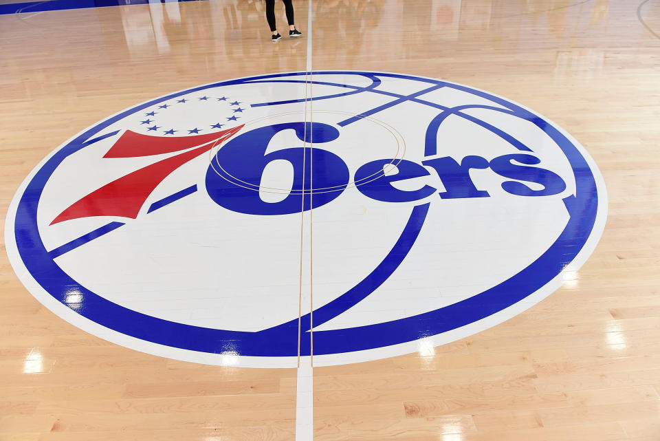 CAMDEN, NJ - SEPTEMBER 09:  Interior of 76ers logo painted on wooden floor at Sixers Training Complex in Camden, New Jersey during the Julius Erving Youth Basketball Clinic  on September 9, 2017  (Photo by Lisa Lake/Getty Images for PGD Global)