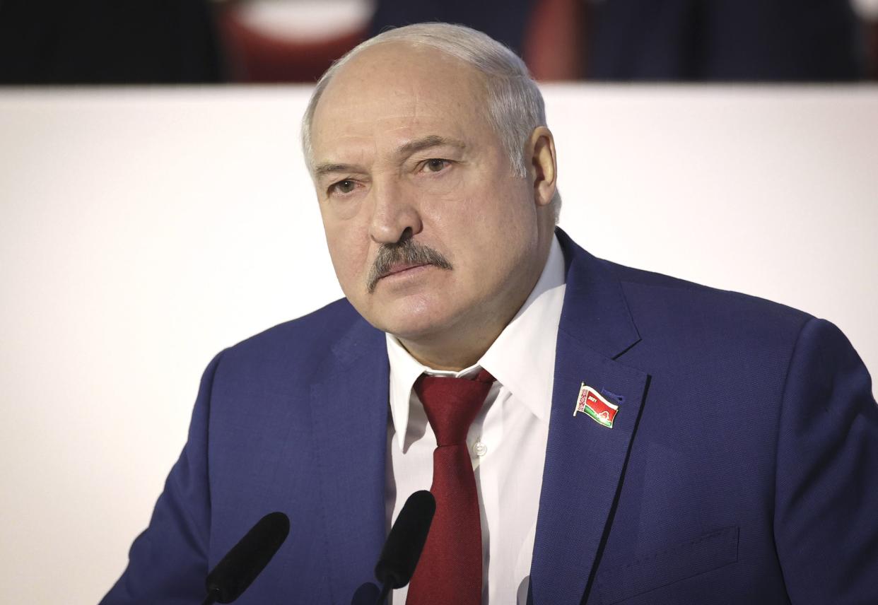 FILE - In this Feb. 12, 2021, file photo, Belarusian President Alexander Lukashenko attends the All-Belarus People's Assembly in Minsk, Belarus. 