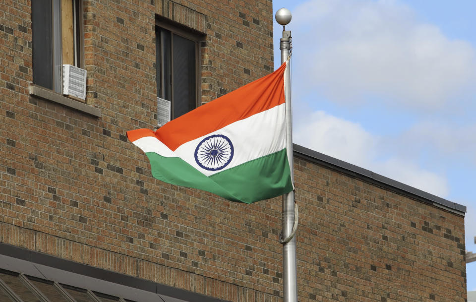 The Indian flag is seen flying at the High Commission of India in Ottawa, Wednesday, Sept. 20, 2023. Canada is making an explosive allegation that India may have been involved in the killing of a Canadian citizen on Canadian soil. While Canada’s allies are voicing measured concern about what happened, no one among Canada’s key allies - not the U.S., Britain, Australia or New Zealand - has echoed the allegations of Prime Minister Justin Trudeau. (Patrick Doyle/The Canadian Press via AP)