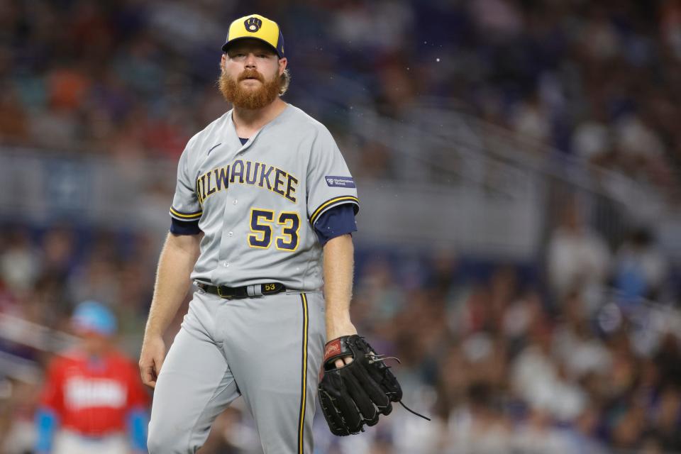 Brewers starter Brandon Woodruff finished five innings and allowed six hits and two walks to go along with six strikeouts over 87 pitches Saturday.