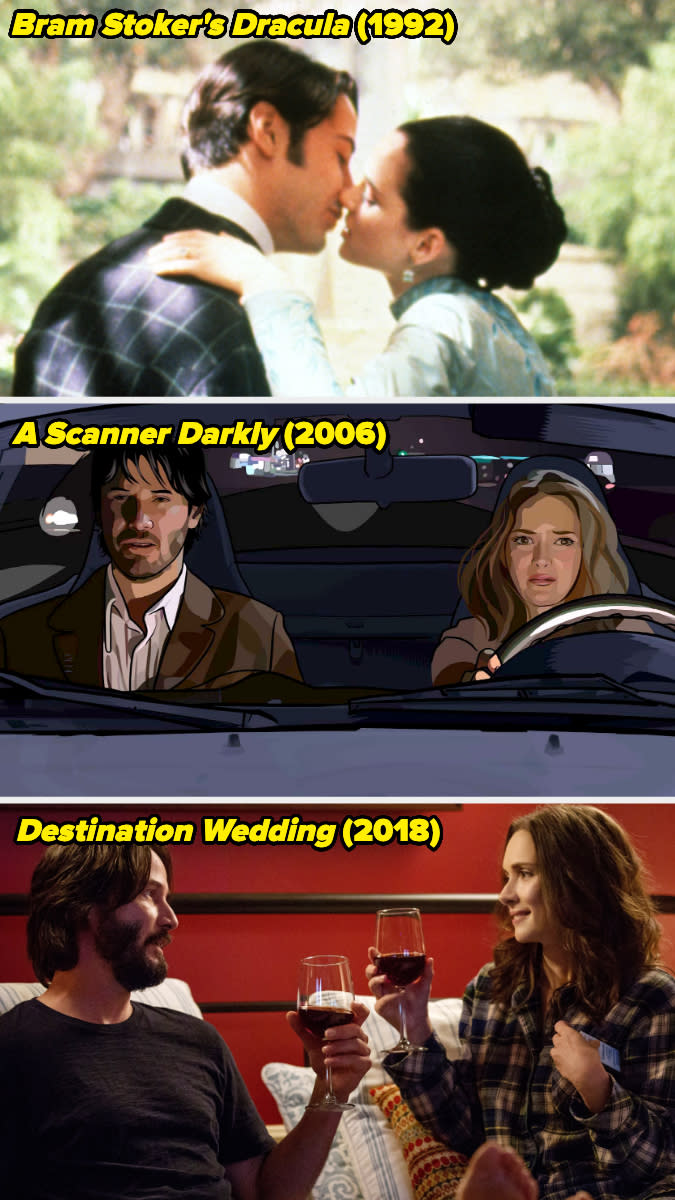 Three stills featuring Keanu Reeves and Winona Ryder from different movies: "Bram Stoker's Dracula," "A Scanner Darkly," and "Destination Wedding."