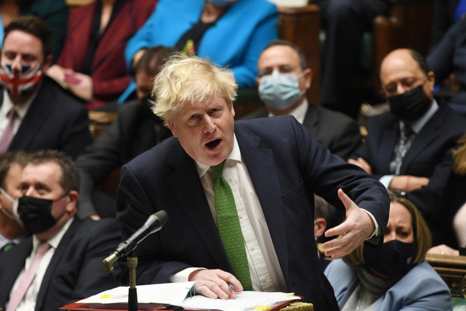 British Prime Minister Boris Johnson speaks during the weekly question time debate at Parliament in London, Britain, January 19, 2022. UK Parliament/Jessica Taylor/Handout via REUTERS  ATTENTION EDITORS - THIS IMAGE HAS BEEN SUPPLIED BY A THIRD PARTY. MANDATORY CREDIT. NO ALTERATIONS