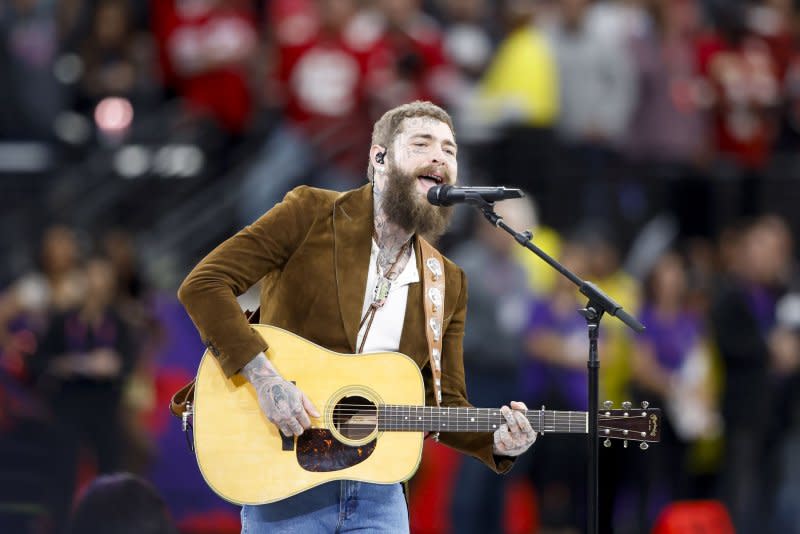 Post Malone performs at Super Bowl LVIII in February. File Photo by John Angelillo/UPI