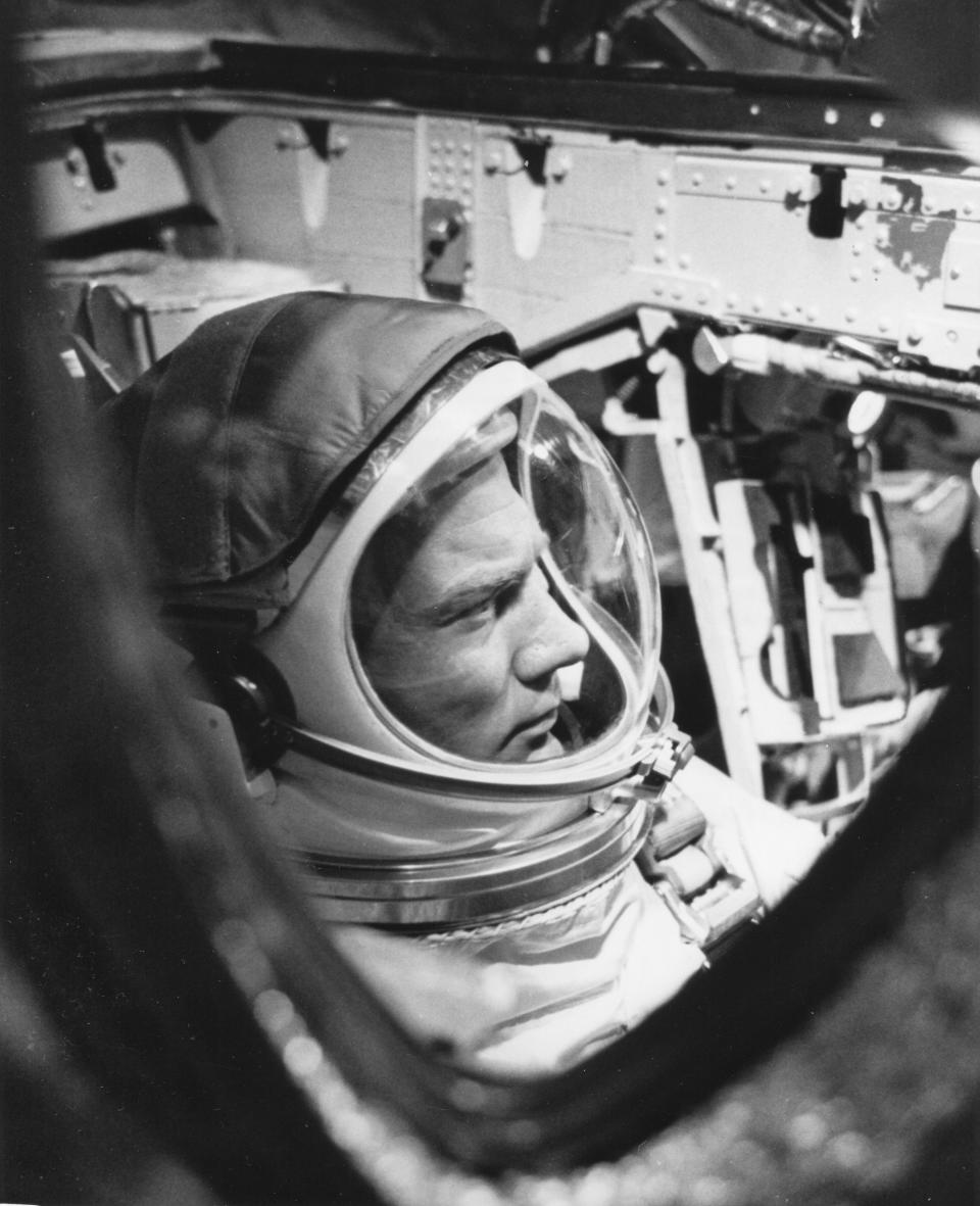 View of American astronaut Edwin 'Buzz' Aldrin in a Gemini 12 space capsule craft during a simulation, Cape Kennedy, Florida, November 1966.&nbsp;