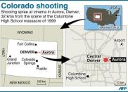 A map of the US state of Colorado, locating the shooting in the Denver suburb of Aurora. A gunman wearing a gas mask opened fire in a crowded US movie theater screening the latest Batman film early Friday, killing at least 12 and wounding nearly 40, police and reports said