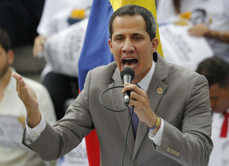 Opposition leader and self-proclaimed interim President of Venezuela Juan Guaido speaks during a protest asking for the freedom of opposition lawmaker Juan Requesens, in Caracas, Venezuela, Wednesday, August 7, 2019. Requesens has spent a year in prison and is accused in an assassination attempt on President Nicolas Maduro. (AP Photo/Ariana Cubillos)