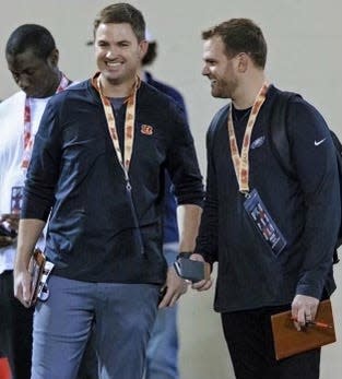 Cincinnati Bengals head coach Zac Taylor (left) and new Jaguars offensive coordinator Press Taylor (right) are pictured at Oklahoma's Pro Day. [Chris Landsberger/The Oklahoman]