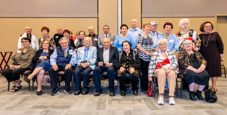 Holocaust survivors take a group photo at a dinner to honor local Holocaust survivors and HERC’s Speakers Bureau members, survivors and their descendants who speak to school groups, on Thursday September 28, 2023 at the Harry and Rose Samson Family Jewish Community Center in Whitefish Bay, Wis.