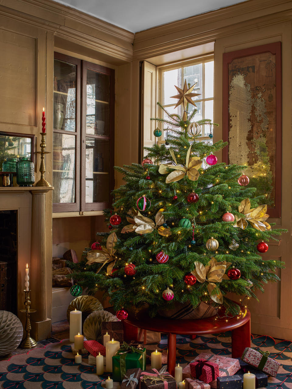 Traditional christmas tree with  red and green scheme