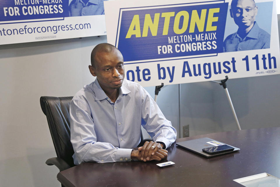 Fifth Congressional District candidate, Democrat Antone Melton-Meaux, answers questions during an interview in his Minneapolis office Wednesday, July 22, 2020. Melton-Meaux is giving Democrat Rep. Ilhan Omar an unexpectedly strong, well-funded primary challenge in one of the country's most heavily Democratic congressional districts, which includes Minneapolis and some suburbs. (AP Photo/Jim Mone)