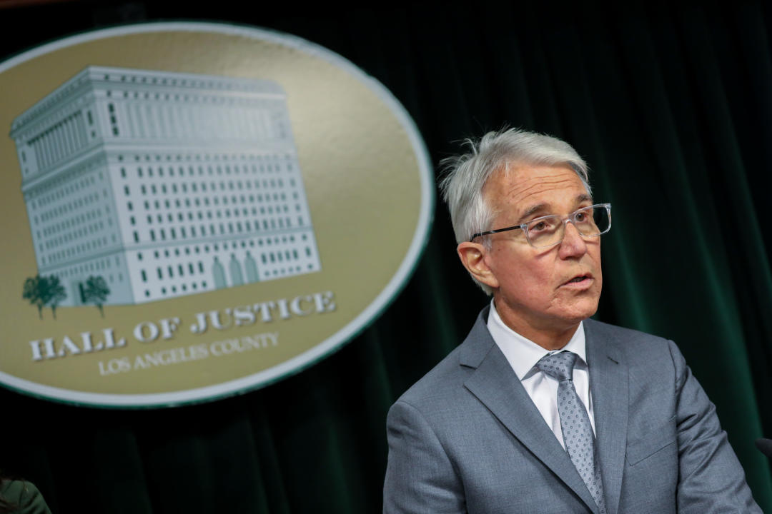 Los Angeles County District Attorney George Gascón speaks at a press conference in July 2023.