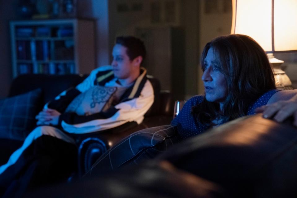 BUPKIS — “For Your Amusement” Episode 105 — Pictured: (l-r) Pete Davidson as Pete Davidson, Edie Falco as Amy Davidson — (Photo by: Heidi Gutman/Peacock)