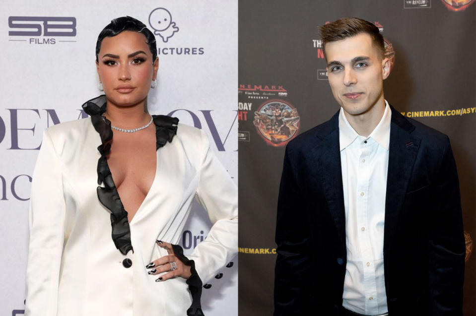 Demi, with hand on hip, and Cody on the red carpet separately