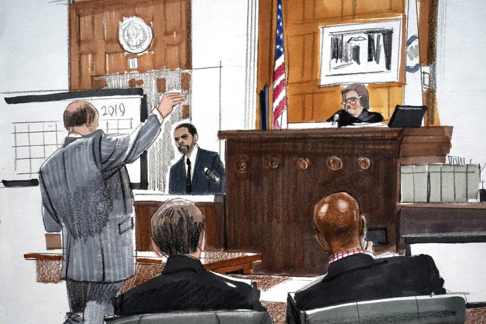 In this courtroom sketch, Special prosecutor Dan Webb, left, cross examines actor Jussie Smollett as Cook County Judge James Linn and members of Webb’s team listen Tuesday, Dec. 7, 2021, in Chicago. (AP Photo/Cheryl Cook)