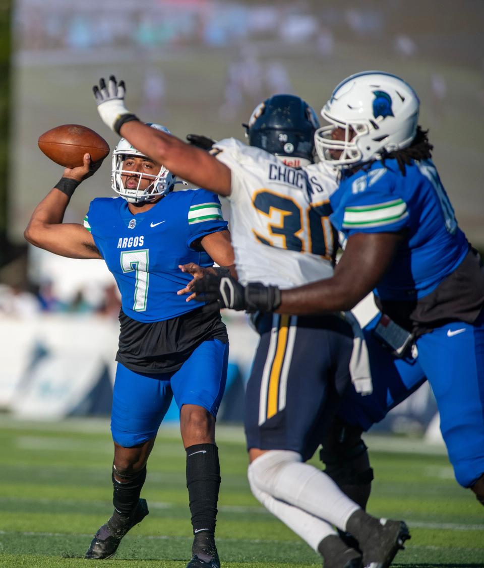 West Florida quarterback Peewee Jarrett throws down field during action against Mississippi College Saturday, October 22, 2022 at Pen Air Field at the University of West Florida. West Florida went on to beat Mississippi College 45-17.