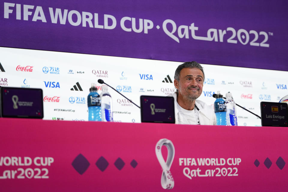 Spain head coach Luis Enrique speaks to reporters during a news conference, in Doha, Qatar, Tuesday, Nov. 22, 2022. Spain will play its first match in Group E in the World Cup against Costa Rica on Nov. 23. (AP Photo/Julio Cortez)