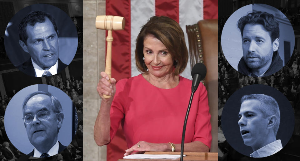 Jason Crow and Jim Cooper, left, top and bottom; Nancy Pelosi; Joe Cunningham and Anthony Brindisi, right, top and bottom. (Photo-illustration: Yahoo News; photos: Jason Connolly/AFP/Getty Images, Jonathan Mattis/AP, Saul Loeb/AFP/Getty Images, J. Scott Applewhite/AP, Andrew Kelly/Reuters, Chip Somodevilla/Getty Images)