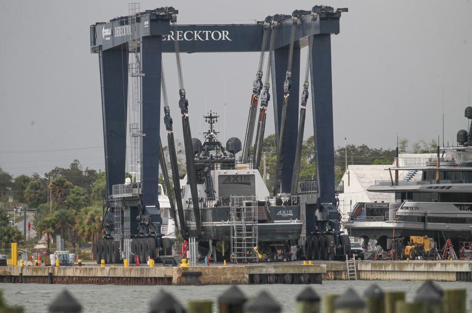 Axis, built by Damen Yachting and owned by Carl Allen, a well-known treasure hunter and owner of Walker's Cay in the Bahamas, is seen, Wednesday, Oct. 25, 2023, at Derecktor Shipyard in Fort Pierce.