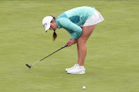 Aine Donegan, of Ireland, reacts after missing a putt on the ninth green during the first round of the U.S. Women's Open golf tournament at the Pebble Beach Golf Links, Thursday, July 6, 2023, in Pebble Beach, Calif. (AP Photo/Darron Cummings)